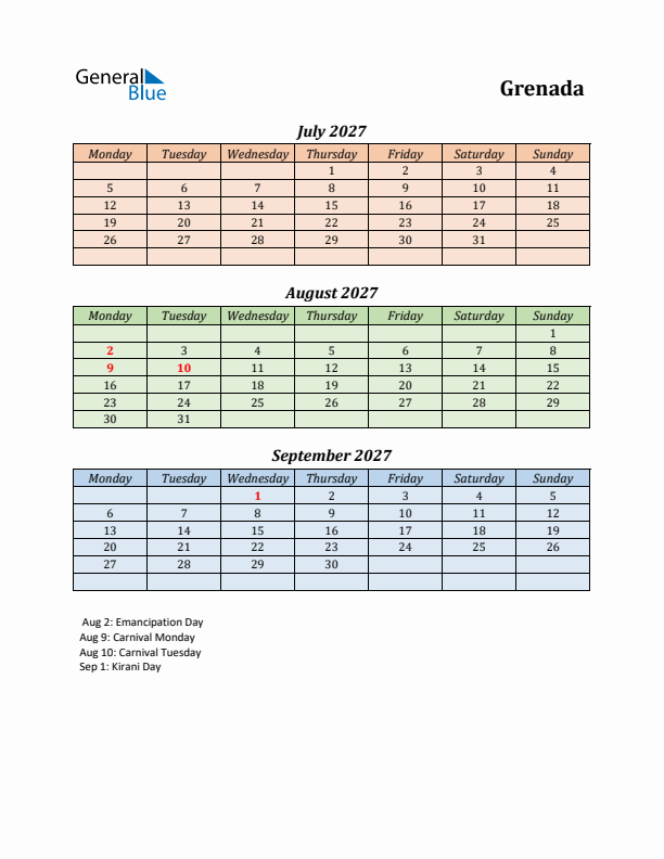 Q3 2027 Holiday Calendar - Grenada