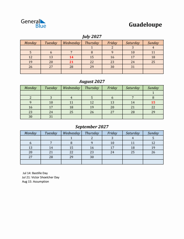 Q3 2027 Holiday Calendar - Guadeloupe