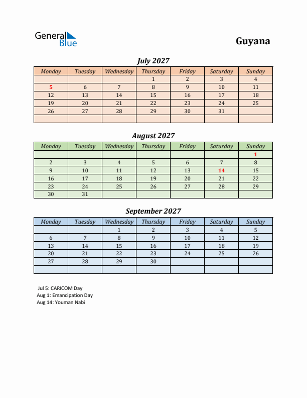 Q3 2027 Holiday Calendar - Guyana