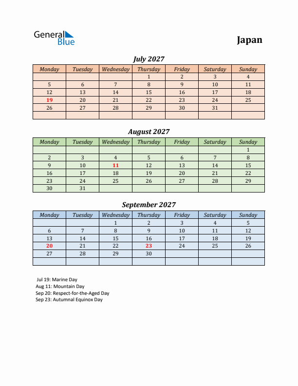 Q3 2027 Holiday Calendar - Japan