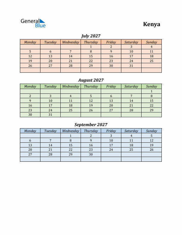 Q3 2027 Holiday Calendar - Kenya