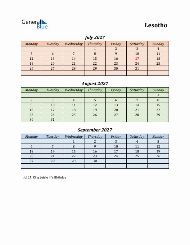 Q3 2027 Holiday Calendar - Lesotho