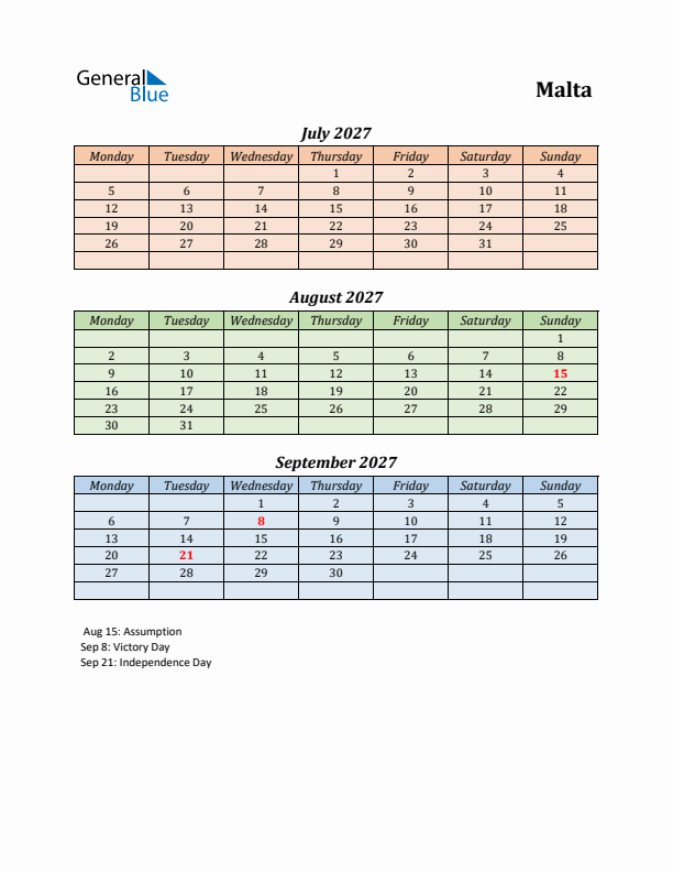 Q3 2027 Holiday Calendar - Malta