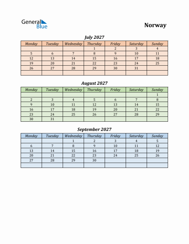 Q3 2027 Holiday Calendar - Norway