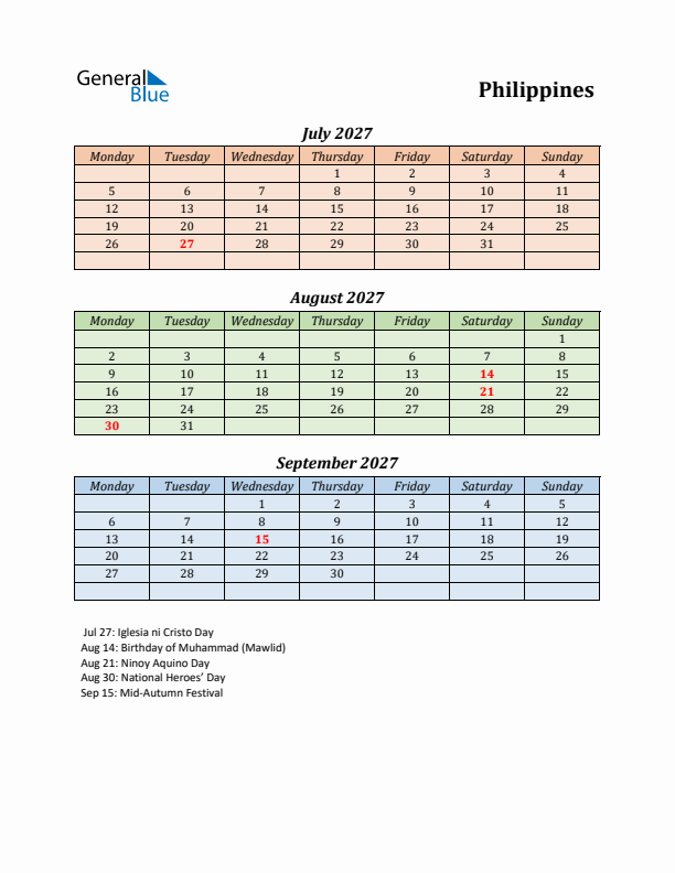 Q3 2027 Holiday Calendar - Philippines