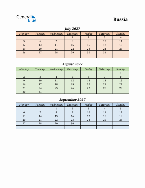 Q3 2027 Holiday Calendar - Russia