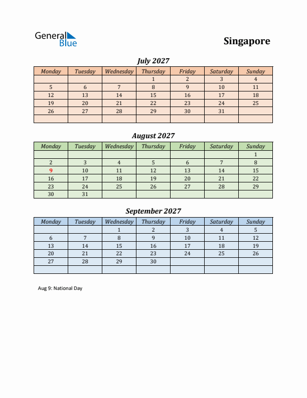 Q3 2027 Holiday Calendar - Singapore