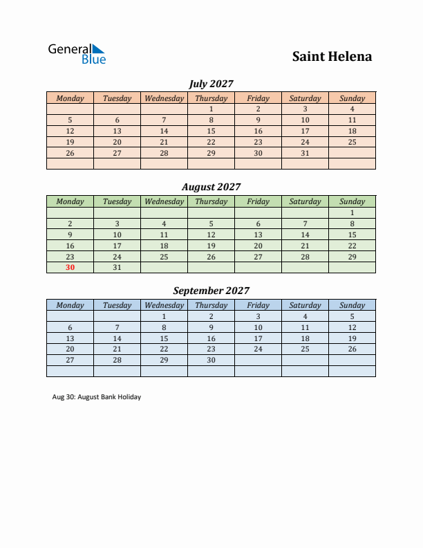 Q3 2027 Holiday Calendar - Saint Helena