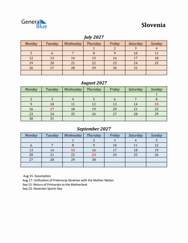 Q3 2027 Holiday Calendar - Slovenia