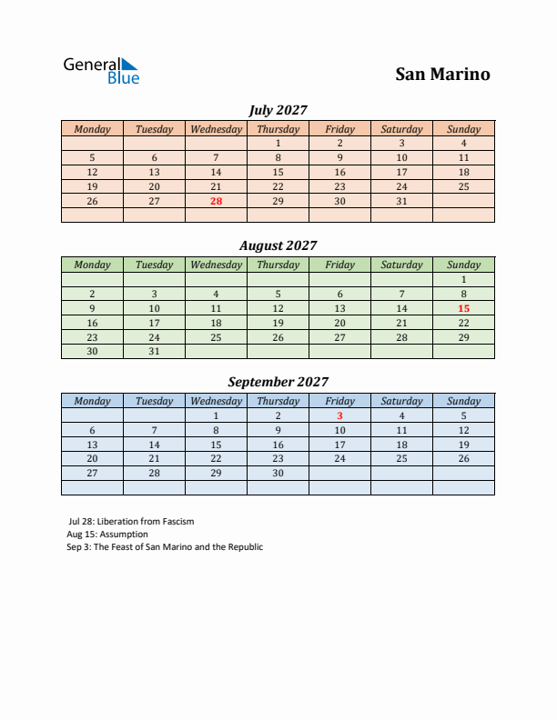 Q3 2027 Holiday Calendar - San Marino