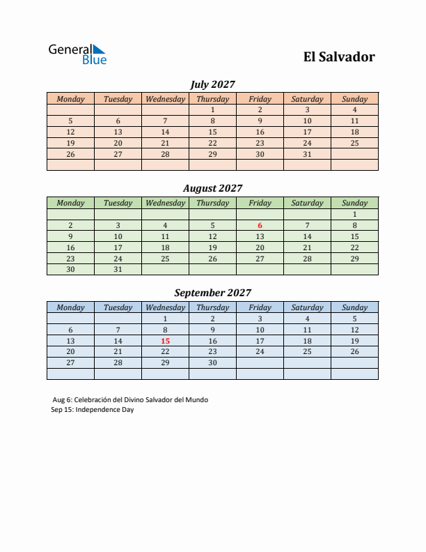 Q3 2027 Holiday Calendar - El Salvador