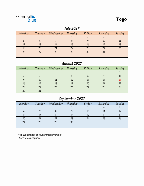 Q3 2027 Holiday Calendar - Togo