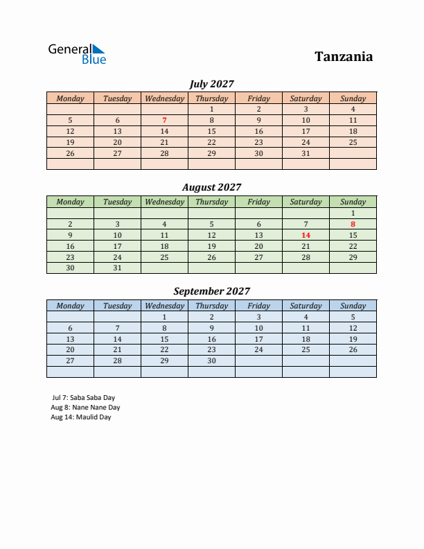 Q3 2027 Holiday Calendar - Tanzania