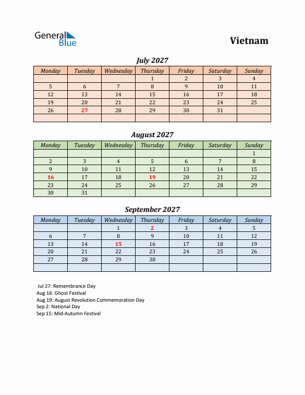 Q3 2027 Holiday Calendar - Vietnam