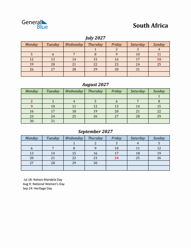 Q3 2027 Holiday Calendar - South Africa