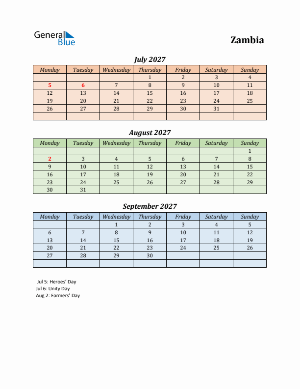 Q3 2027 Holiday Calendar - Zambia