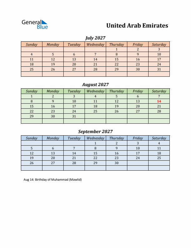 Q3 2027 Holiday Calendar - United Arab Emirates