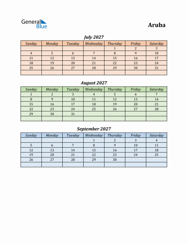 Q3 2027 Holiday Calendar - Aruba