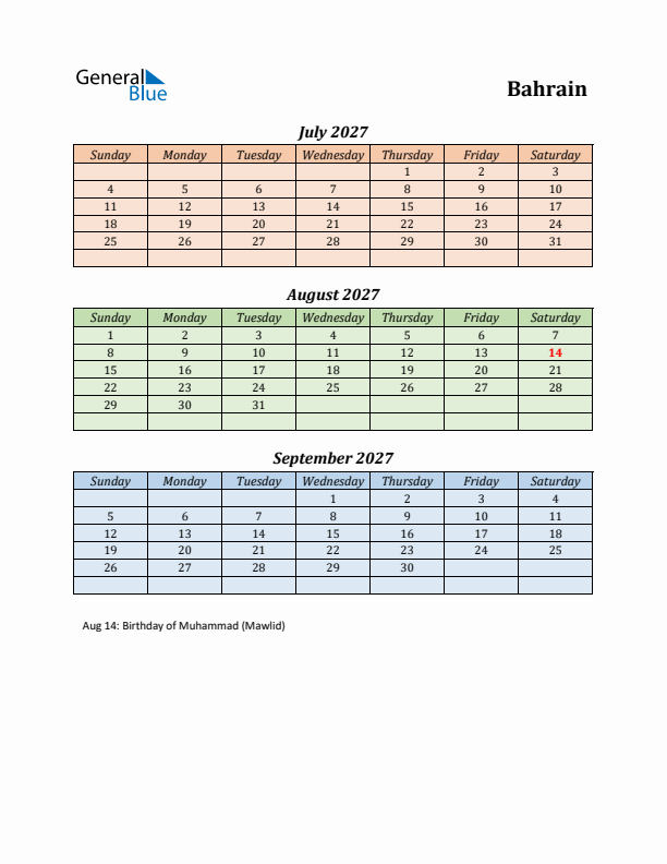 Q3 2027 Holiday Calendar - Bahrain