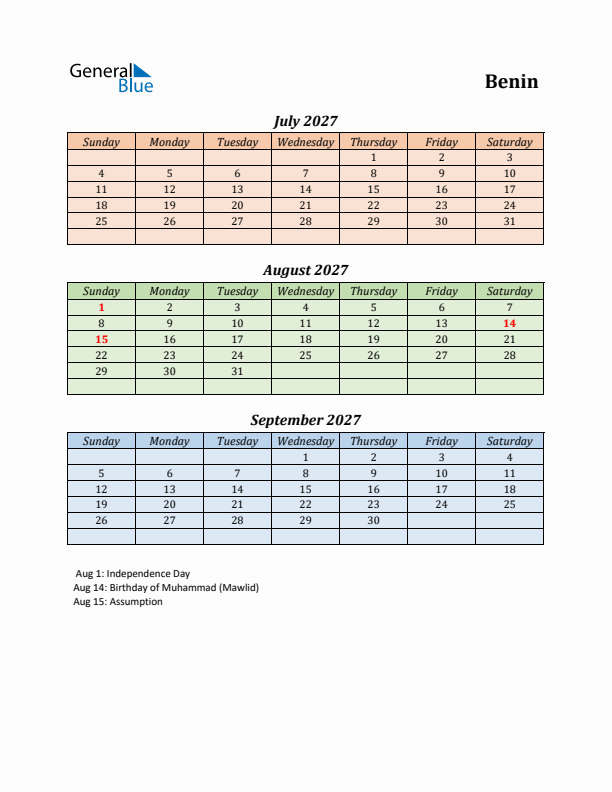 Q3 2027 Holiday Calendar - Benin