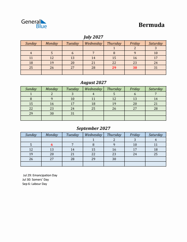 Q3 2027 Holiday Calendar - Bermuda