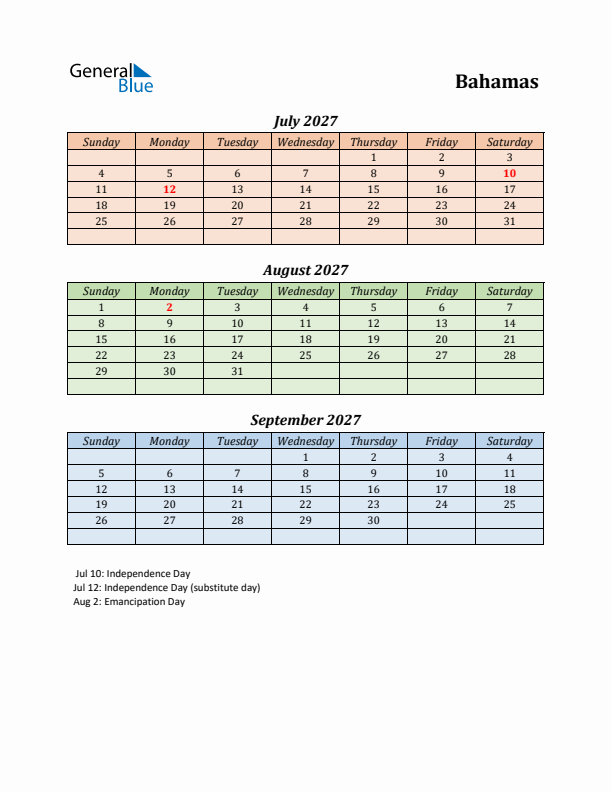 Q3 2027 Holiday Calendar - Bahamas