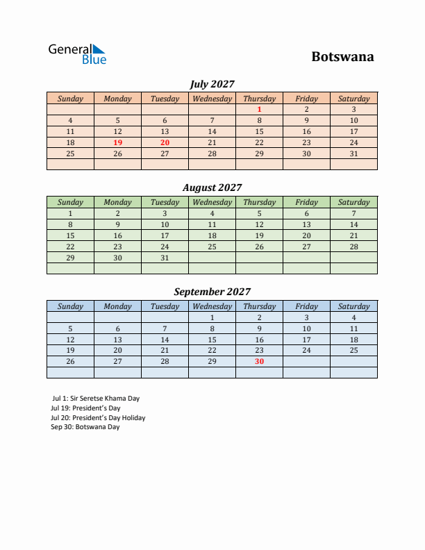 Q3 2027 Holiday Calendar - Botswana