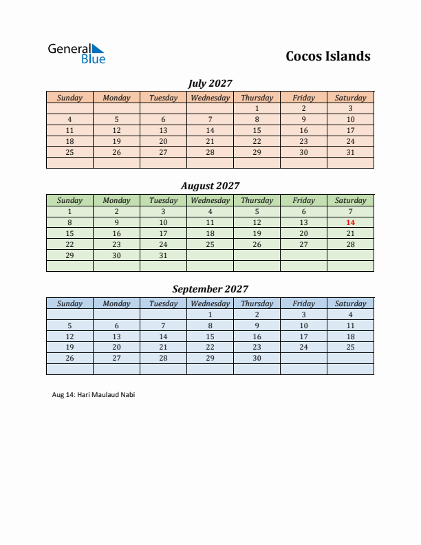 Q3 2027 Holiday Calendar - Cocos Islands