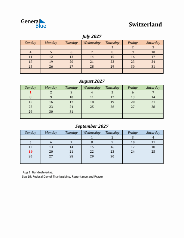 Q3 2027 Holiday Calendar - Switzerland