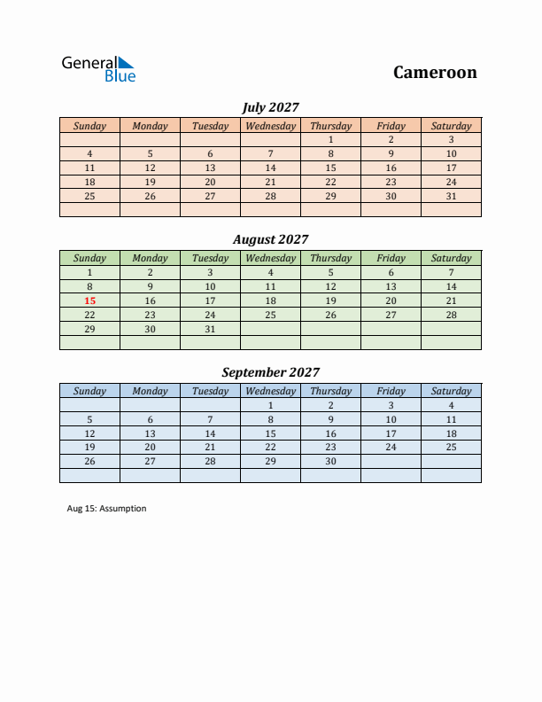 Q3 2027 Holiday Calendar - Cameroon