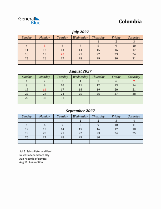 Q3 2027 Holiday Calendar - Colombia