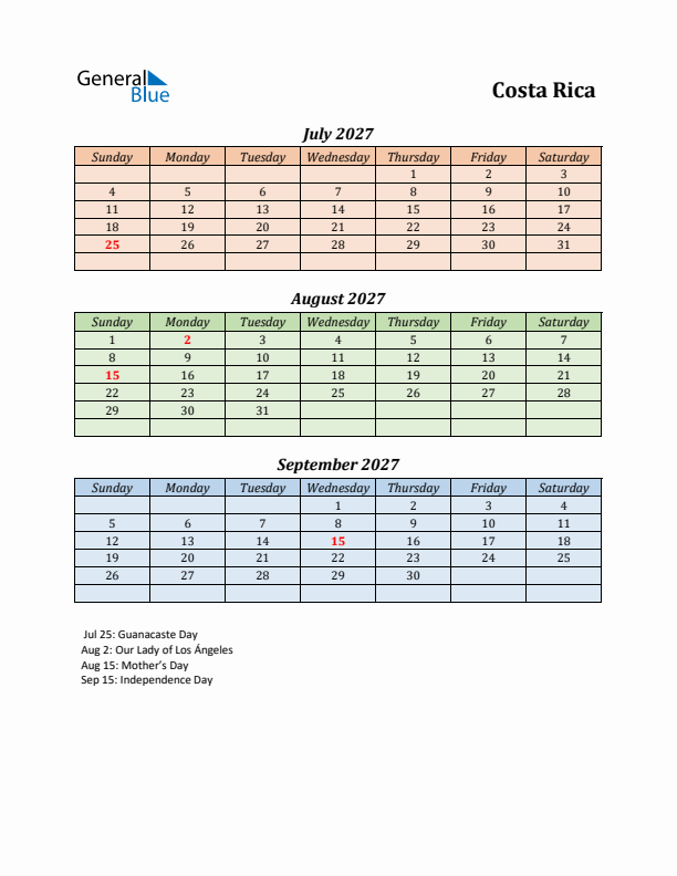 Q3 2027 Holiday Calendar - Costa Rica