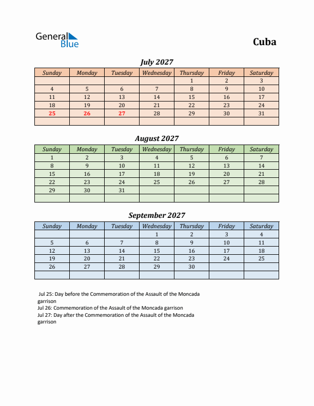 Q3 2027 Holiday Calendar - Cuba