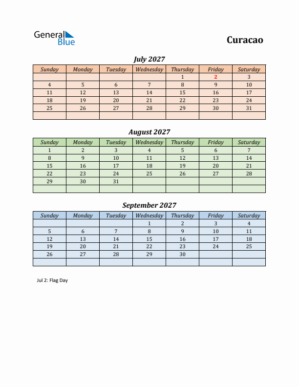 Q3 2027 Holiday Calendar - Curacao