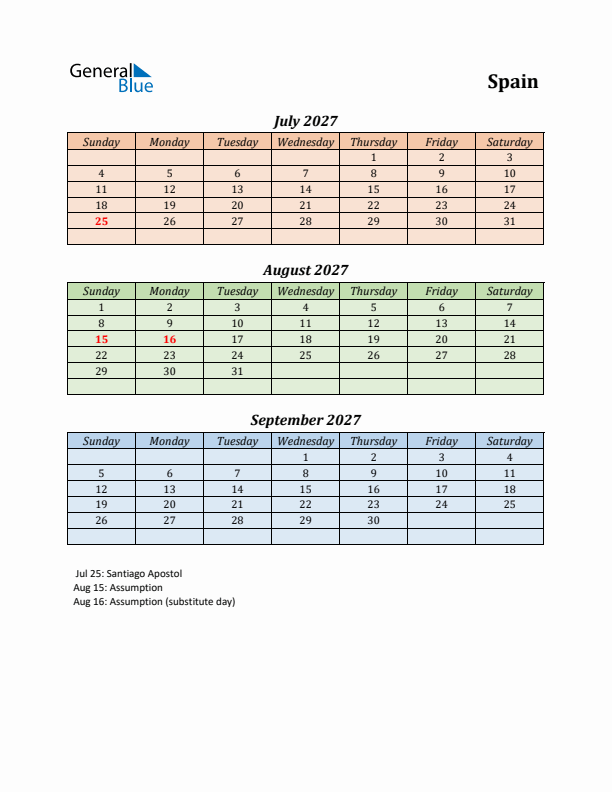 Q3 2027 Holiday Calendar - Spain