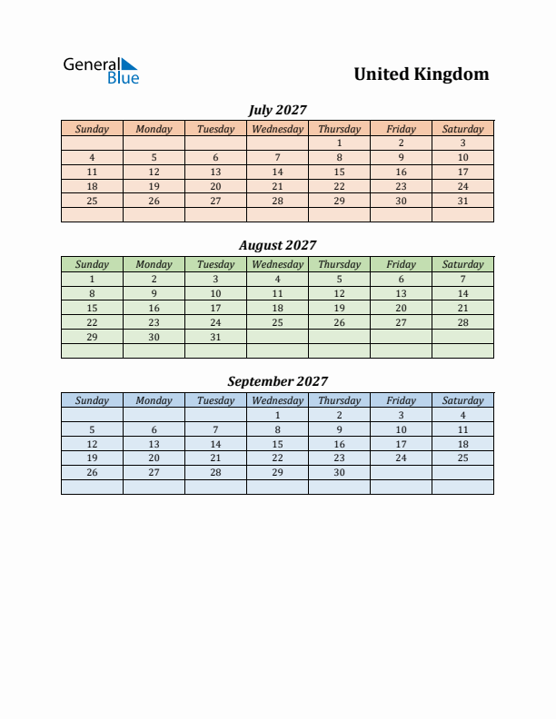 Q3 2027 Holiday Calendar - United Kingdom