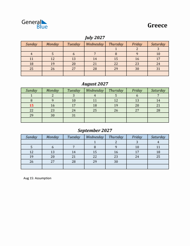 Q3 2027 Holiday Calendar - Greece