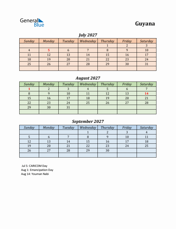 Q3 2027 Holiday Calendar - Guyana