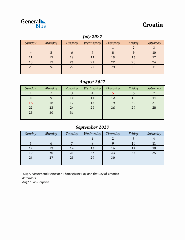 Q3 2027 Holiday Calendar - Croatia