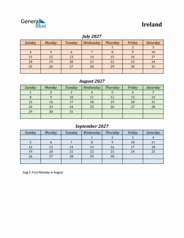 Q3 2027 Holiday Calendar - Ireland