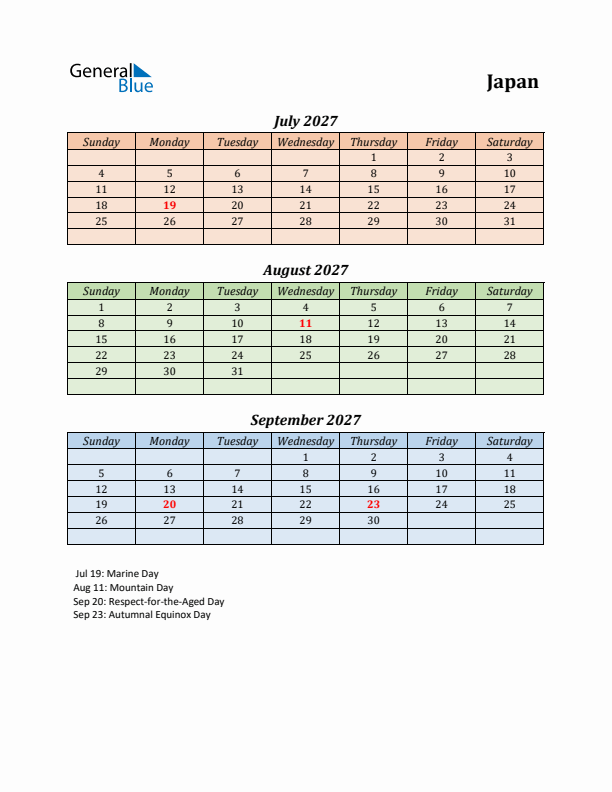 Q3 2027 Holiday Calendar - Japan