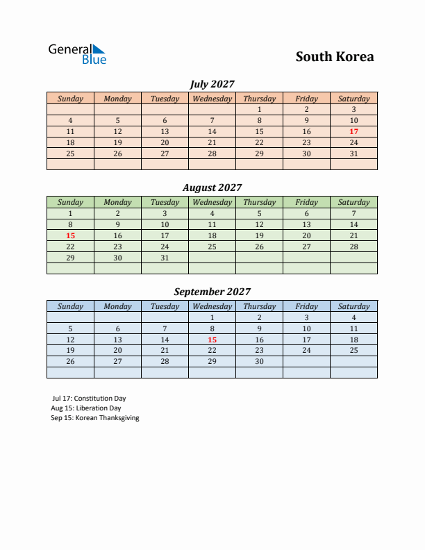 Q3 2027 Holiday Calendar - South Korea