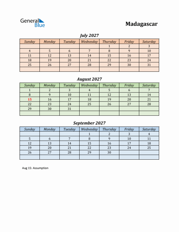 Q3 2027 Holiday Calendar - Madagascar