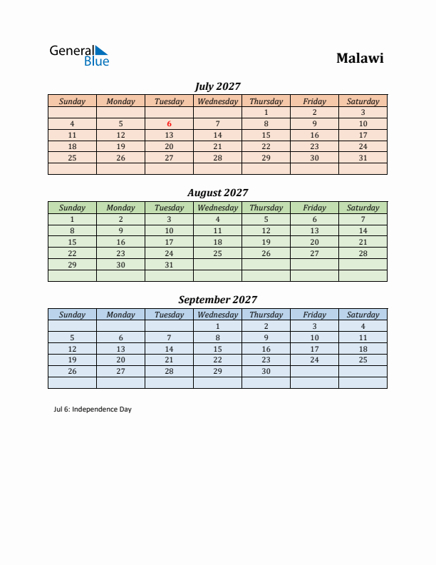 Q3 2027 Holiday Calendar - Malawi