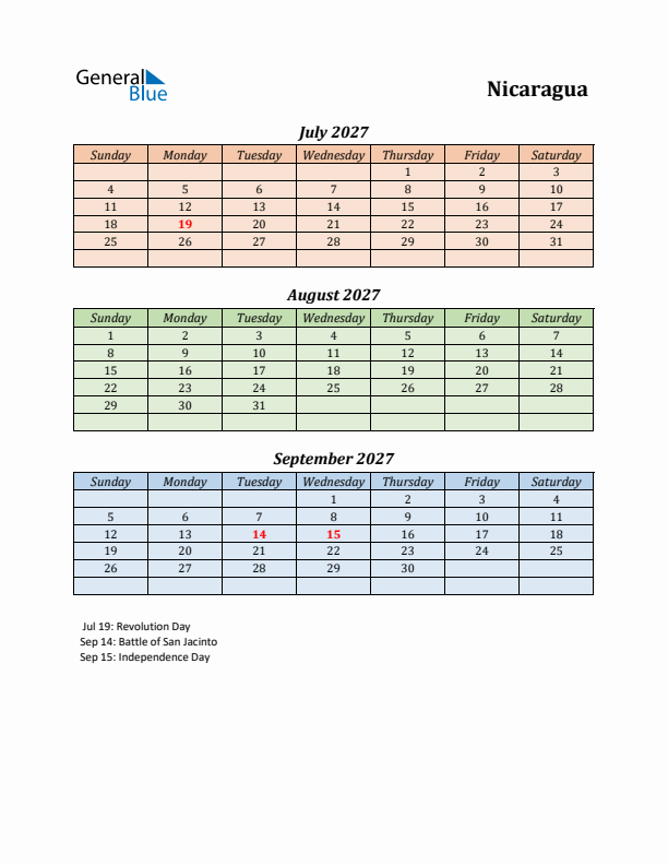 Q3 2027 Holiday Calendar - Nicaragua