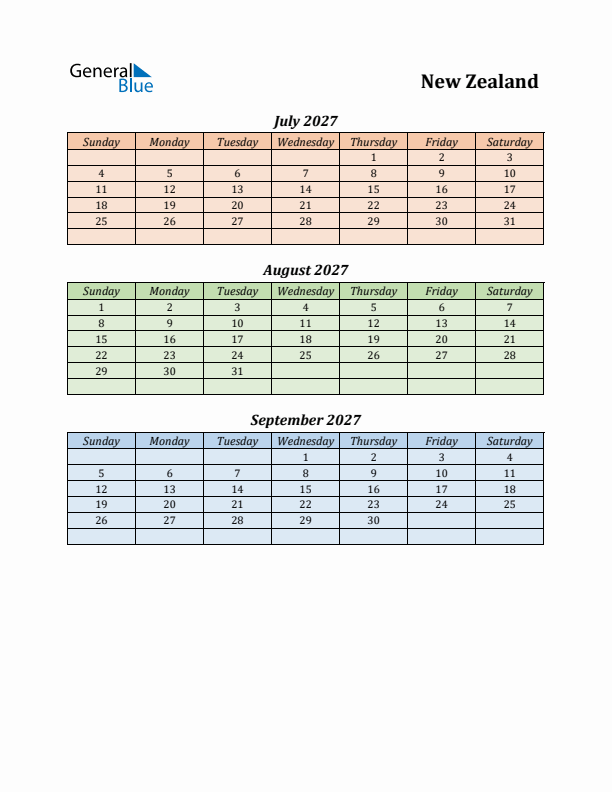 Q3 2027 Holiday Calendar - New Zealand