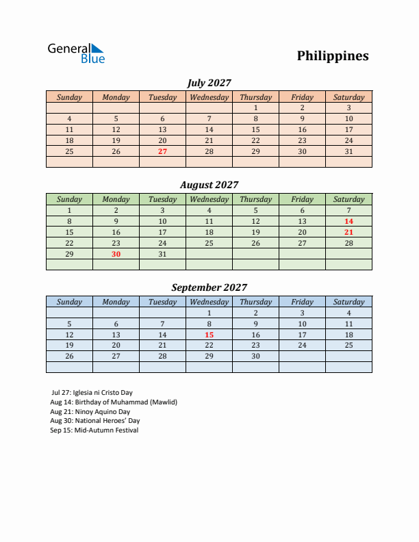 Q3 2027 Holiday Calendar - Philippines