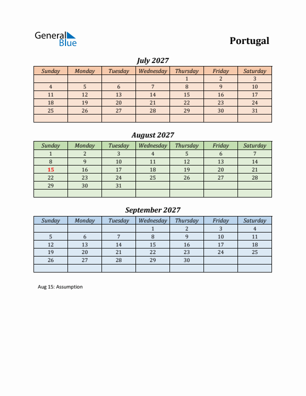 Q3 2027 Holiday Calendar - Portugal