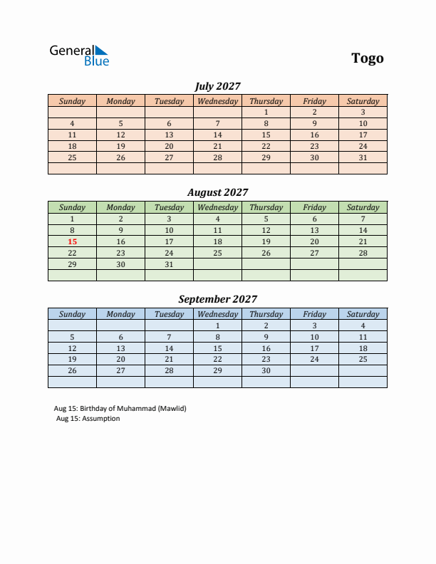 Q3 2027 Holiday Calendar - Togo