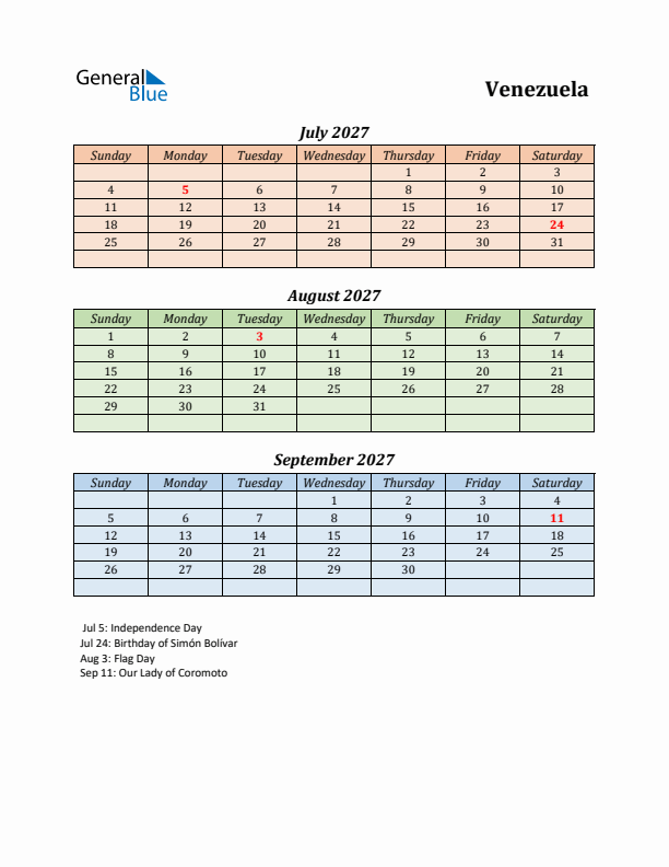 Q3 2027 Holiday Calendar - Venezuela